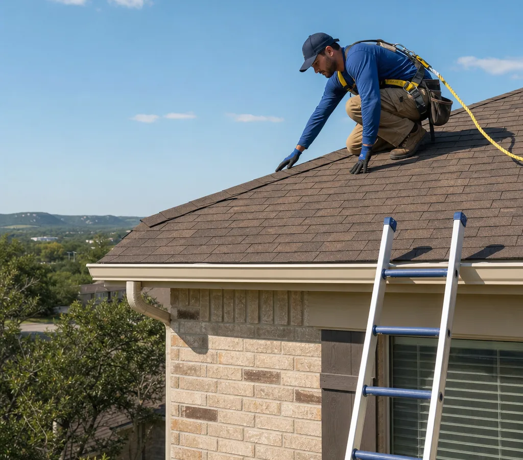 Roofer inspecting an asphalt shingle roof on a San Marcos home with safety equipment