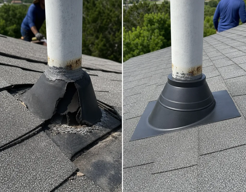 Damaged pipe boot flashing before and after replacement with a properly sealed new boot