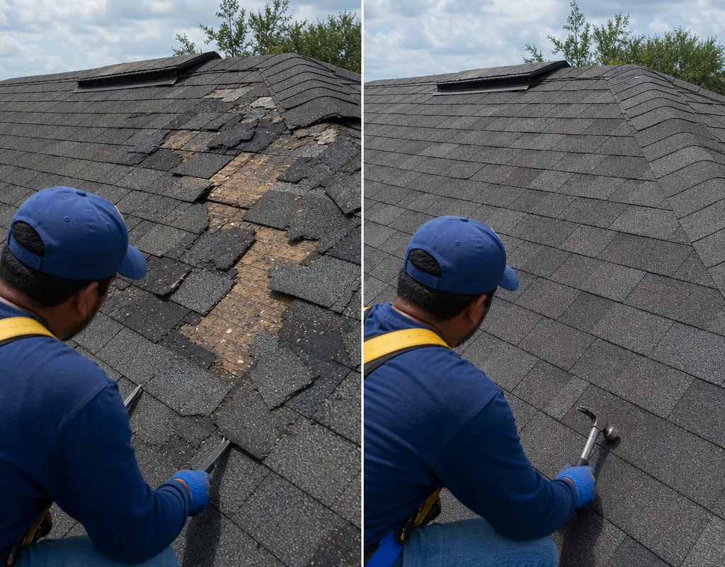 Before and after view of wind-damaged shingles replaced with matching shingles