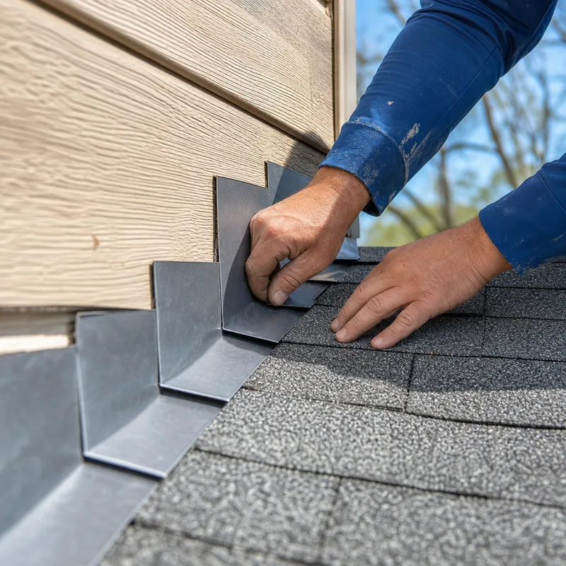 Properly installed step flashing and shingles at a roof-to-wall intersection