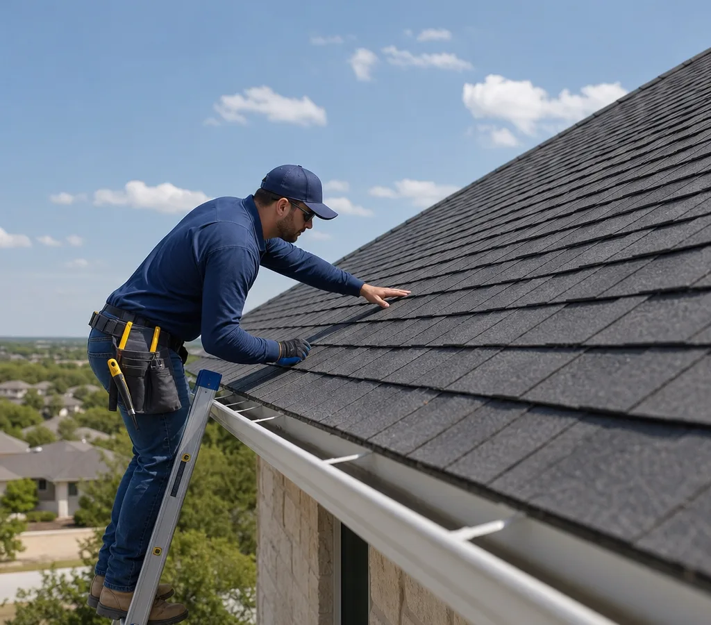 Roofing technician inspecting asphalt shingles on a San Marcos home
