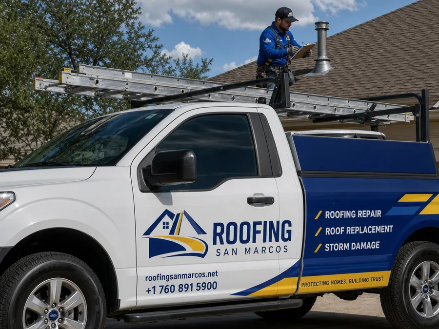Roofing technician examining flashing and sealant around a vent pipe boot