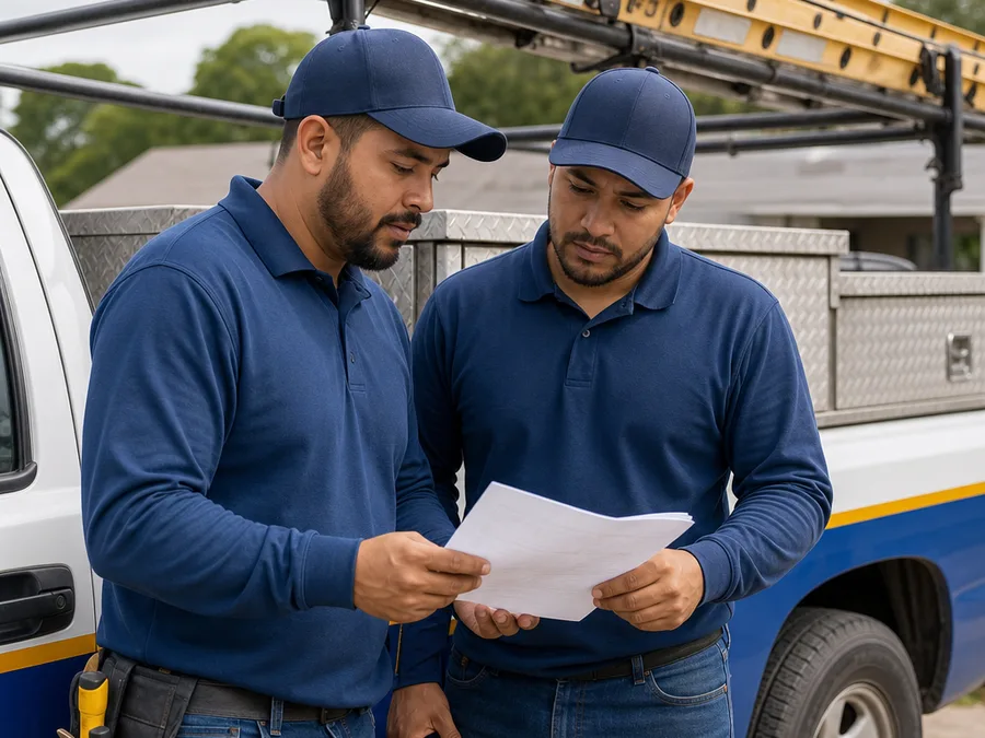 Two-person roofing crew reviewing an inspection report beside a work truck